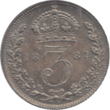 1887 THREEPENCE ( UNC ) 12 - Threepence - Cambridgeshire Coins