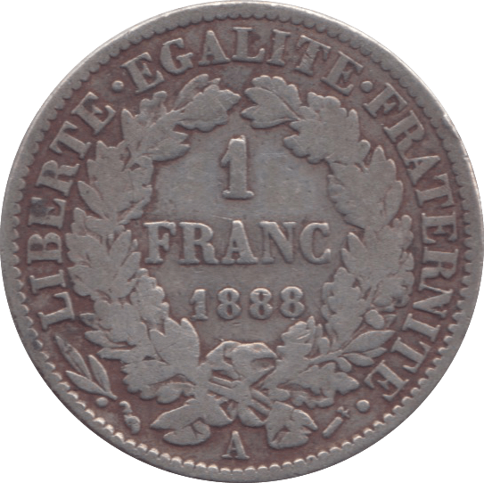 1888 FRANCE SILVER ONE FRANC - WORLD SILVER COINS - Cambridgeshire Coins