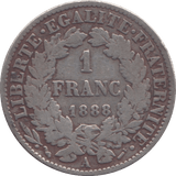 1888 FRANCE SILVER ONE FRANC - WORLD SILVER COINS - Cambridgeshire Coins