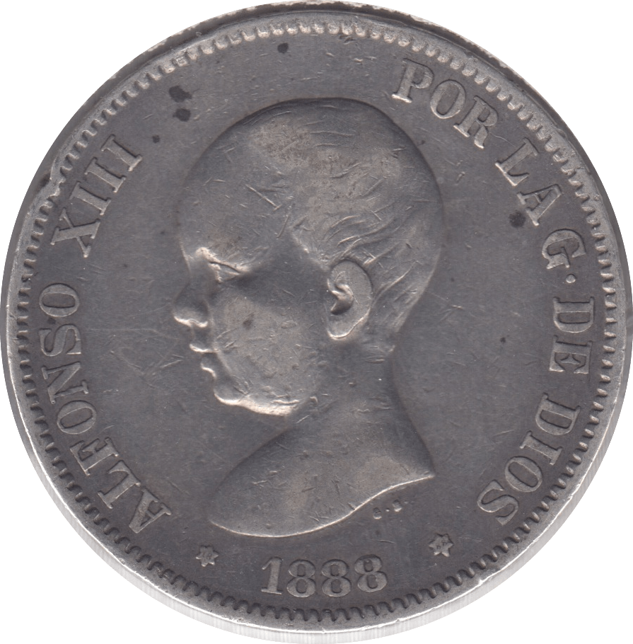 1888 SILVER 5 PESETAS SPAIN - WORLD COINS - Cambridgeshire Coins