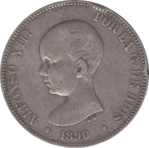 1890 SPAIN SILVER 5 PESETAS - SILVER WORLD COINS - Cambridgeshire Coins