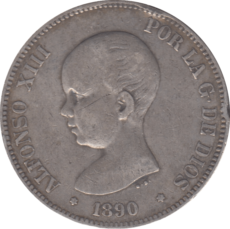 1890 SPAIN SILVER 5 PESETAS - SILVER WORLD COINS - Cambridgeshire Coins