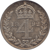 1892 MAUNDY FOURPENCE ( UNC ) - Maundy Coins - Cambridgeshire Coins