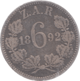 1892 SOUTH AFRICA SILVER SIXPENCE - SILVER WORLD COINS - Cambridgeshire Coins