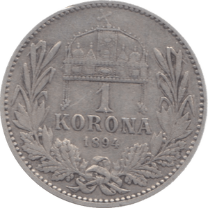 1894 HUNGARY SILVER ONE KORONA - SILVER WORLD COINS - Cambridgeshire Coins