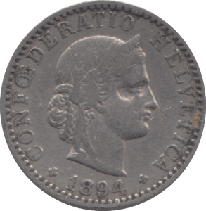 1894 SWITZERLAND 20 RAPPEN - WORLD COINS - Cambridgeshire Coins