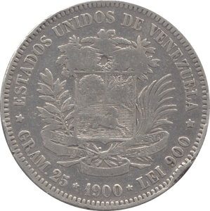1900 SILVER 5 BOLIVARES VENEZUELA - SILVER WORLD COINS - Cambridgeshire Coins