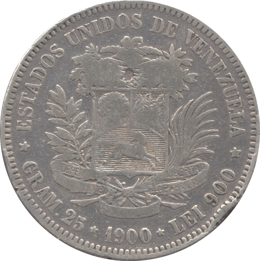 1900 SILVER 5 BOLIVARES VENEZUELA - SILVER WORLD COINS - Cambridgeshire Coins