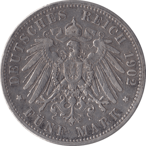 1902 SILVER 5 MARK GERMANY - SILVER WORLD COINS - Cambridgeshire Coins