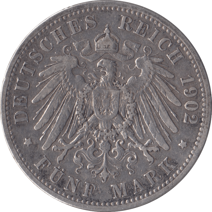 1902 SILVER 5 MARK GERMANY - SILVER WORLD COINS - Cambridgeshire Coins