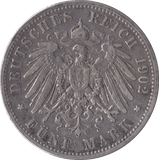 1902 SILVER 5 MARK GERMANY - SILVER WORLD COINS - Cambridgeshire Coins