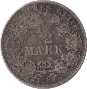 1903 SILVER 1/2 MARK GERMANY - SILVER WORLD COINS - Cambridgeshire Coins