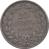1903 SILVER 25 CENTS NETHERLANDS REF H87 - WORLD SILVER COINS - Cambridgeshire Coins