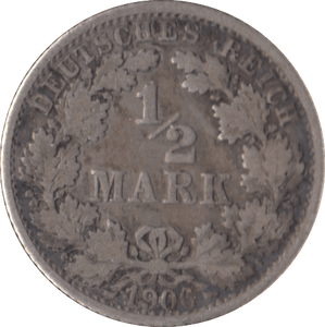 1906 SILVER 1/2 MARK GERMANY - SILVER WORLD COINS - Cambridgeshire Coins