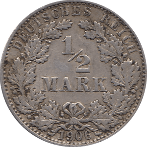 1906 SILVER 1/2 MARK MINT MARK F GERMANY REF H91 - WORLD SILVER COINS - Cambridgeshire Coins