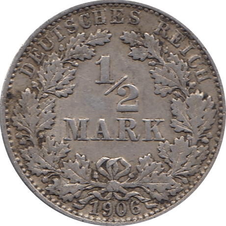 1906 SILVER 1/2 MARK MINT MARK F GERMANY REF H91 - WORLD SILVER COINS - Cambridgeshire Coins