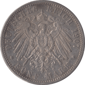 1907 GERMANY SILVER 5 MARK - SILVER WORLD COINS - Cambridgeshire Coins