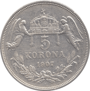 1907 HUNGARY SILVER 5 KORONA - SILVER WORLD COINS - Cambridgeshire Coins