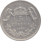 1907 HUNGARY SILVER 5 KORONA - SILVER WORLD COINS - Cambridgeshire Coins