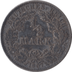 1907 SILVER 1/2 MARK GERMANY - SILVER WORLD COINS - Cambridgeshire Coins