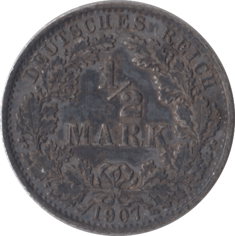 1907 SILVER 1/2 MARK GERMANY - SILVER WORLD COINS - Cambridgeshire Coins