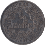 1907 SILVER 1/2 MARK GERMANY - SILVER WORLD COINS - Cambridgeshire Coins