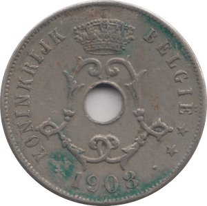 1908 BELGIUM 25 CENT - WORLD COINS - Cambridgeshire Coins