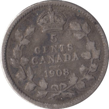 1908 CANADA SILVER 5 CENTS - SILVER WORLD COINS - Cambridgeshire Coins
