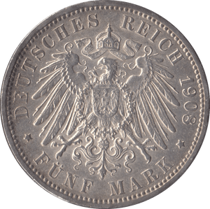 1908 GERMANY SILVER 5 MARK - SILVER WORLD COINS - Cambridgeshire Coins