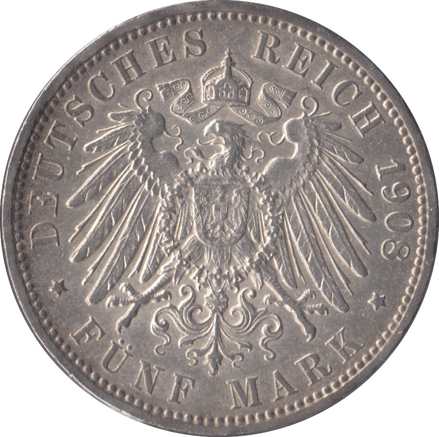 1908 GERMANY SILVER 5 MARK - SILVER WORLD COINS - Cambridgeshire Coins