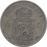 1908 SILVER 1/10 GULDEN NETHERLAND INDIES - SILVER WORLD COINS - Cambridgeshire Coins