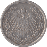 1908 SILVER 1/2 MARK GERMANY - SILVER WORLD COINS - Cambridgeshire Coins