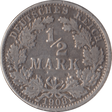 1908 SILVER 1/2 MARK GERMANY - SILVER WORLD COINS - Cambridgeshire Coins