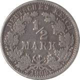 1908 SILVER 1/2 MARK GERMANY - SILVER WORLD COINS - Cambridgeshire Coins