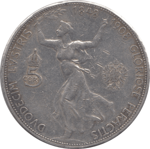 1908 SILVER AUSTRIA 5 CORONA - WORLD COINS - Cambridgeshire Coins