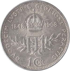 1908 SILVER AUSTRIA ONE CORONA - SILVER WORLD COINS - Cambridgeshire Coins