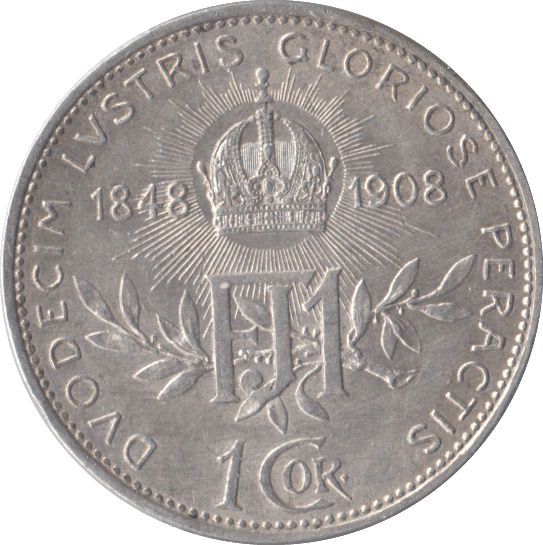 1908 SILVER AUSTRIA ONE CORONA - SILVER WORLD COINS - Cambridgeshire Coins