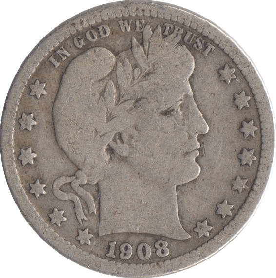 1908 SILVER QUARTER DOLLAR USA - SILVER WORLD COINS - Cambridgeshire Coins