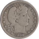 1908 SILVER QUARTER DOLLAR USA - SILVER WORLD COINS - Cambridgeshire Coins