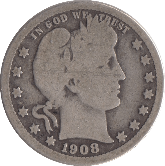1908 SILVER QUARTER DOLLAR USA - SILVER WORLD COINS - Cambridgeshire Coins