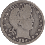 1908 SILVER QUARTER DOLLAR USA - SILVER WORLD COINS - Cambridgeshire Coins