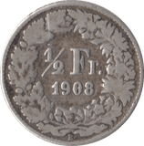 1908 SILVER SWISS 1/2 FRANC - SILVER WORLD COINS - Cambridgeshire Coins
