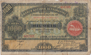 1909 1000 REIS PORTUGAL MOZAMBIQUE BANKNOTE REF 1581 - World Banknotes - Cambridgeshire Coins