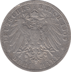 1909 SILVER GERMANY DREI MARK - SILVER WORLD COINS - Cambridgeshire Coins