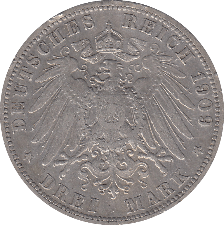 1909 SILVER GERMANY DREI MARK - SILVER WORLD COINS - Cambridgeshire Coins