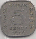 1910 CEYLON 5 CENTS - WORLD COINS - Cambridgeshire Coins