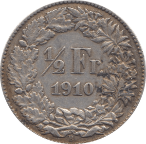 1910 SILVER 1/2 FRANC SWITZERLAND - SILVER WORLD COINS - Cambridgeshire Coins
