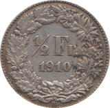 1910 SILVER 1/2 FRANC SWITZERLAND - SILVER WORLD COINS - Cambridgeshire Coins
