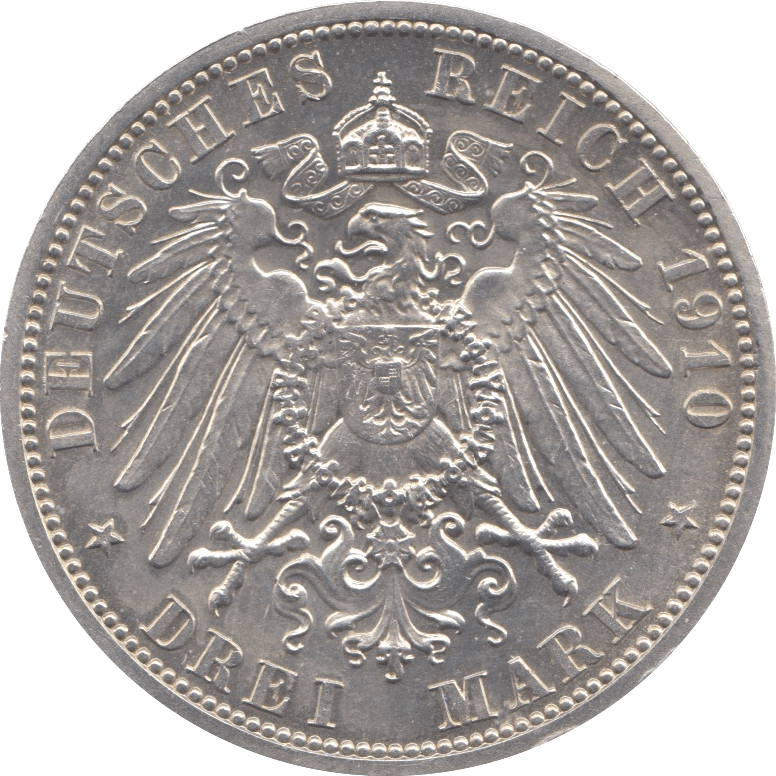 1910 SILVER 3 MARK GERMANY - SILVER WORLD COINS - Cambridgeshire Coins