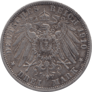 1910 SILVER 3 MARKS GERMANY - WORLD SILVER COINS - Cambridgeshire Coins